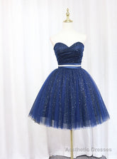 Blue Tulle Sequins Strapless Homecoming Dress